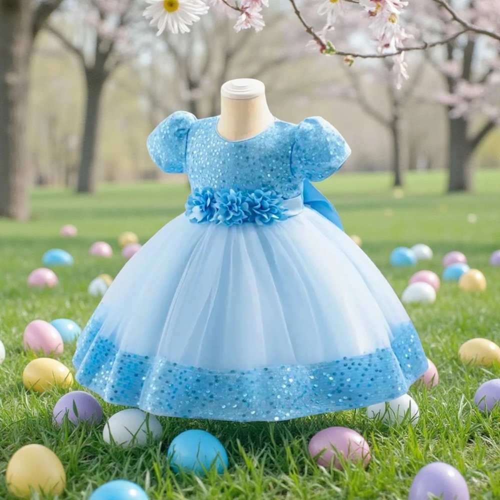 Blue Sequin Flower Girl Dress